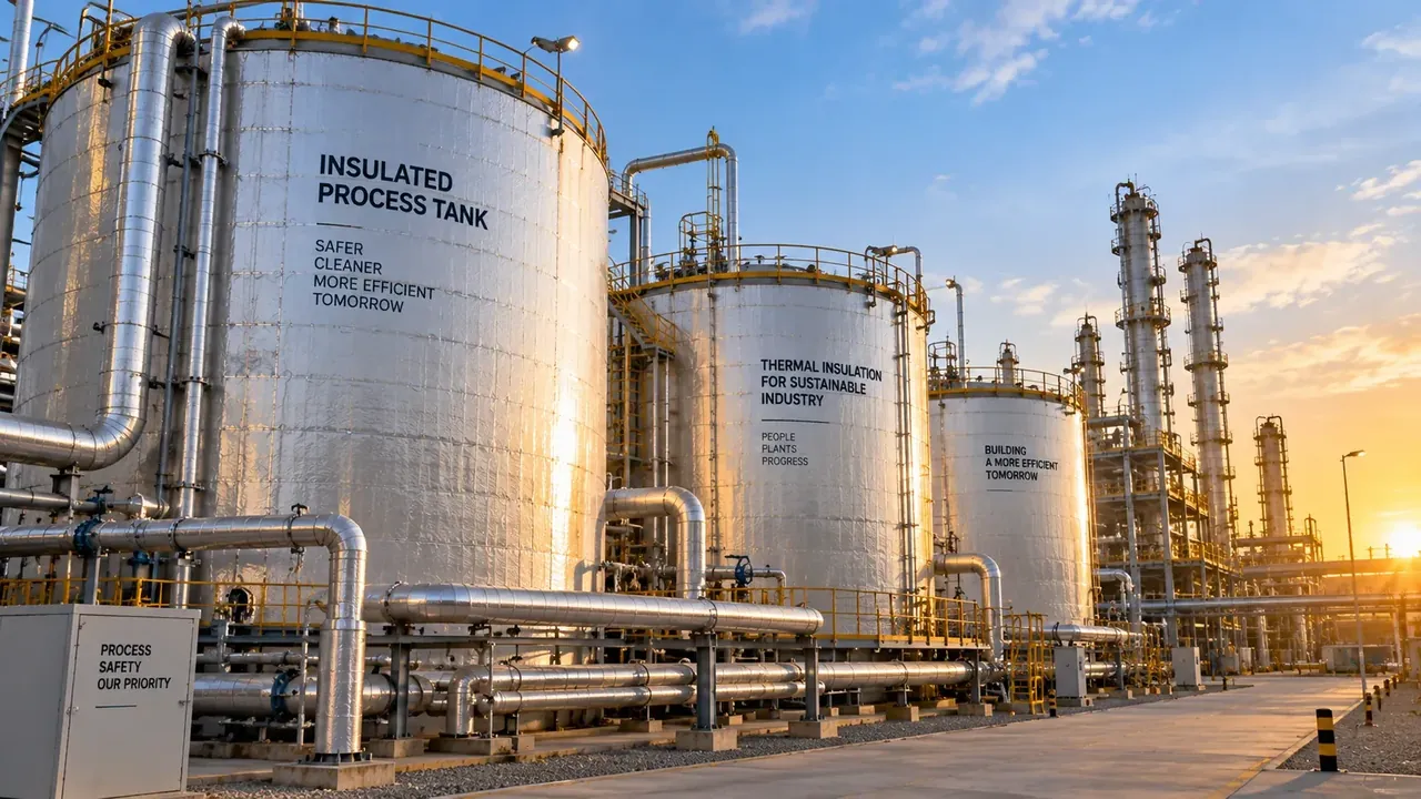 Process plant with insulated tanks, vessels and pipe racks
