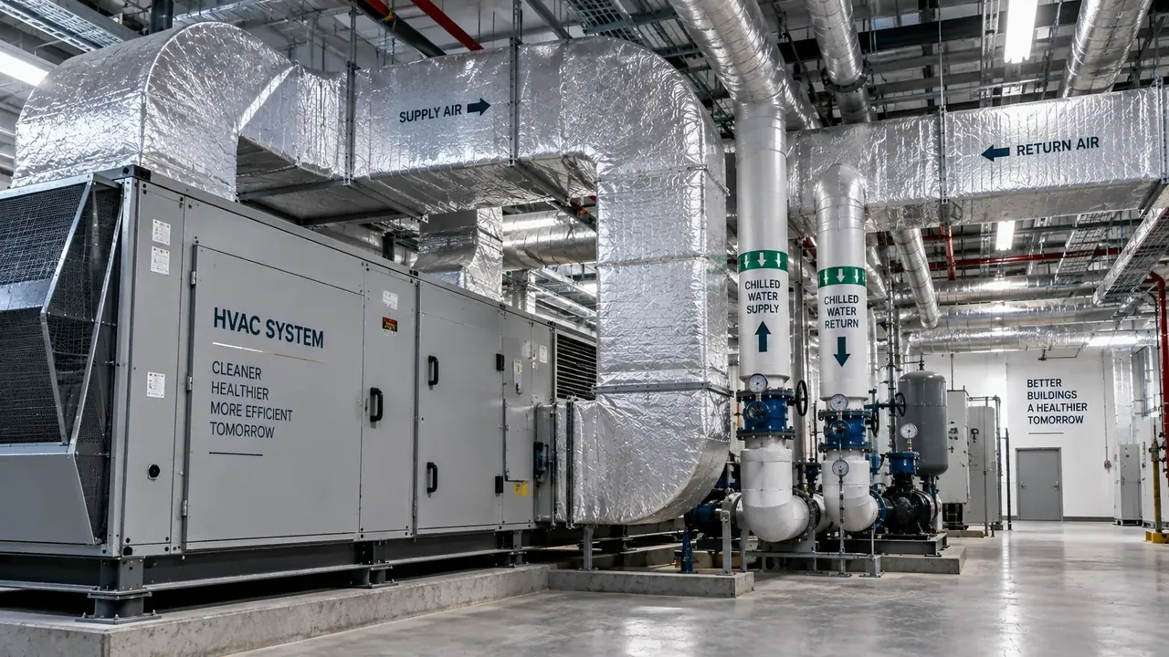 HVAC mechanical room with insulated pipes and ducts